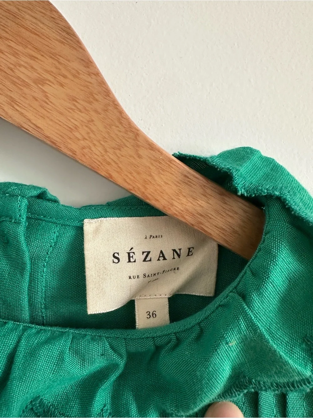 SEZANE Green Eyelash Knit Puff Sleeve Lotta Blouse with Ruffle Collar